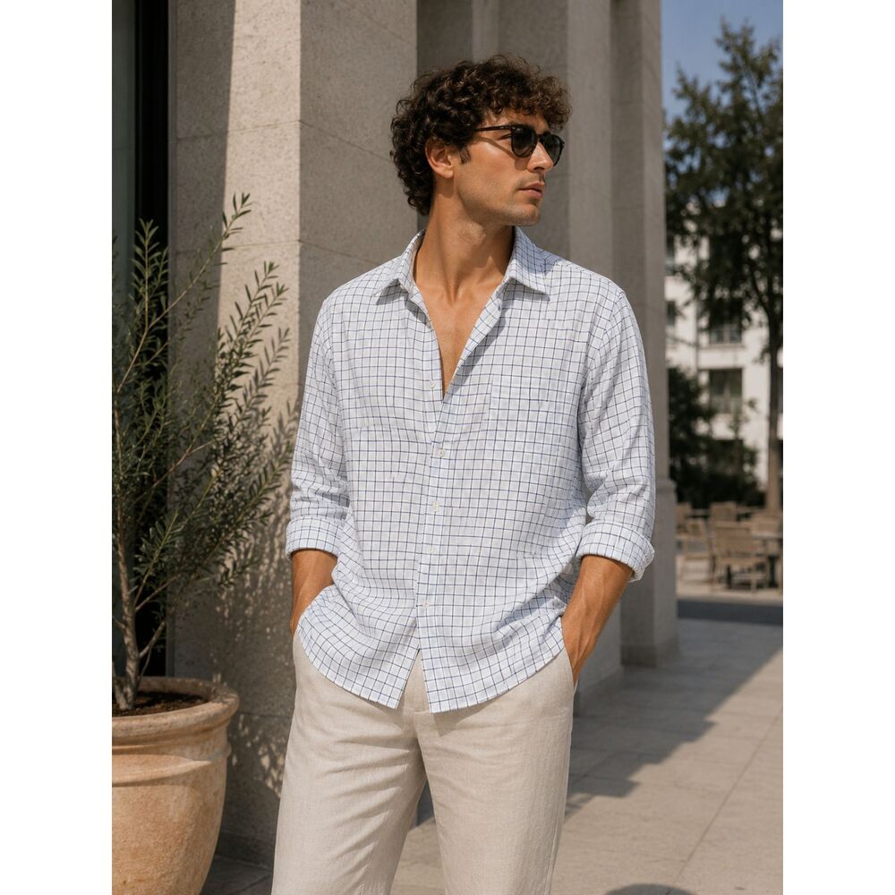 Vintage Banana Republic White Blue Windowpane Check Cotton Shirt Men's L 16-16.5